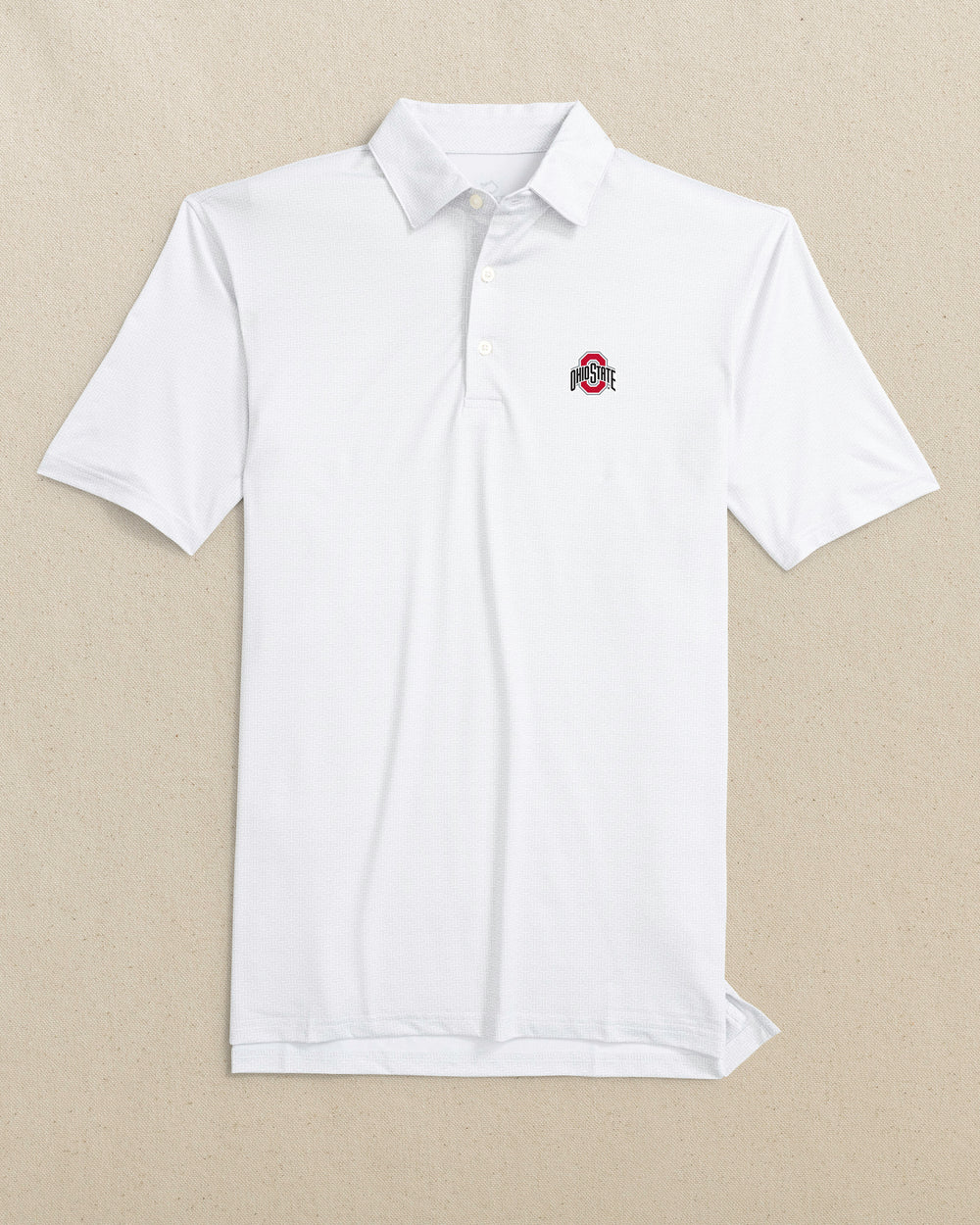 The front view of the Southern Tide Ohio State Buckeyes Driver ST Geo Printed Polo by Southern Tide - Classic White