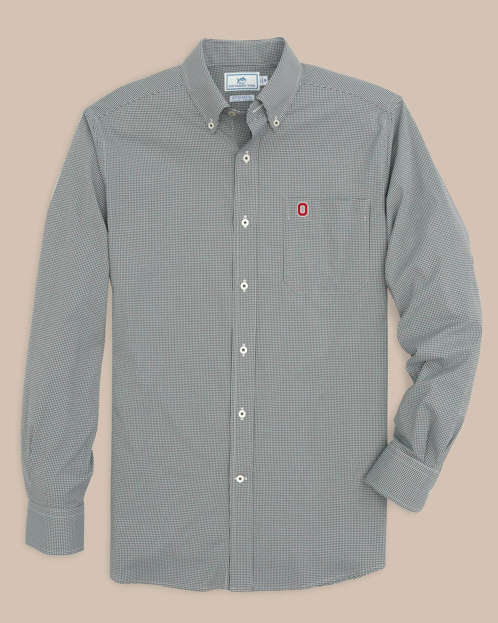 The front view of the Southern Tide Ohio State Buckeyes Gingham Button Down Shirt by Southern Tide - Black