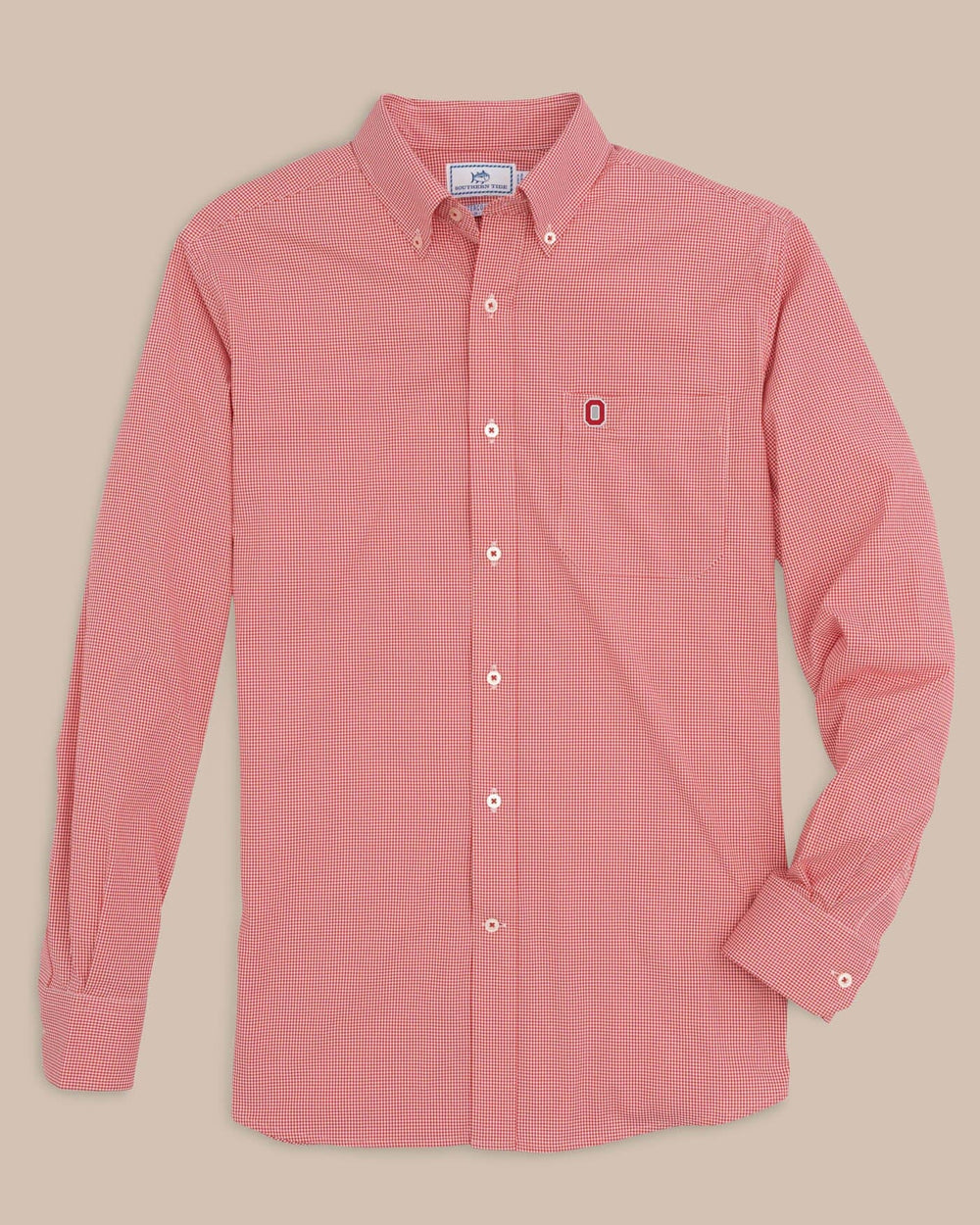 The front view of the Southern Tide Ohio State Buckeyes Gingham Button Down Shirt by Southern Tide - Varsity Red