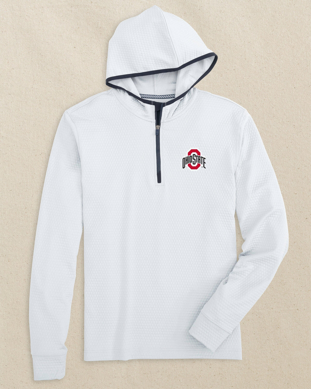 The front view of the Southern Tide Ohio State Buckeyes Scuttle Quarter Zip Hoodie by Southern Tide - Heather Slate Grey