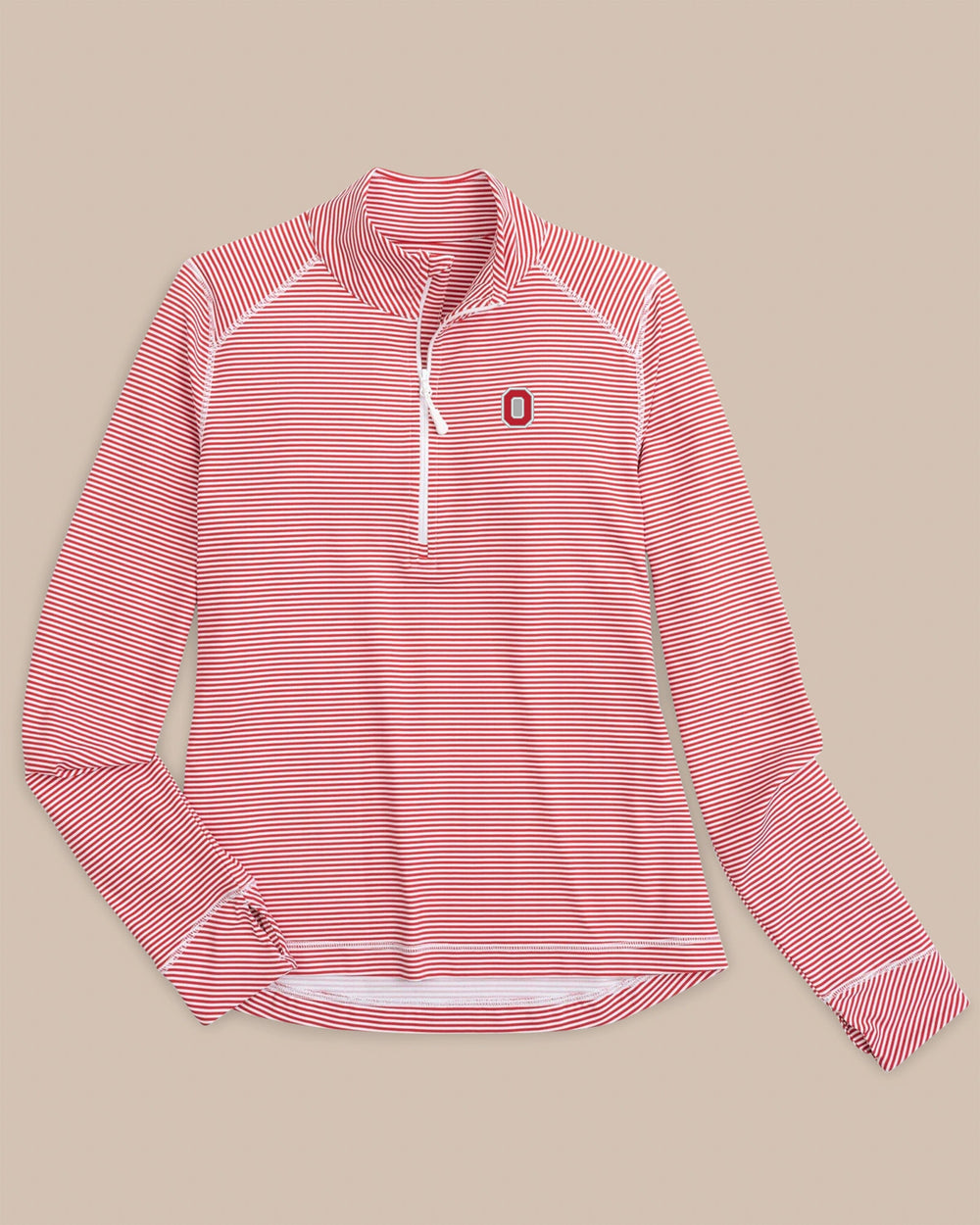 The front view of the Southern Tide Ohio State Buckeyes Women's Striped Runaround Quarter Zip by Southern Tide - Varsity Red