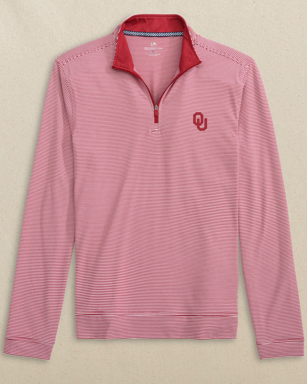 The front view of the Oklahoma Sooners Cruiser Micro-Stripe Heather Quarter Zip by Southern Tide - Heather Crimson