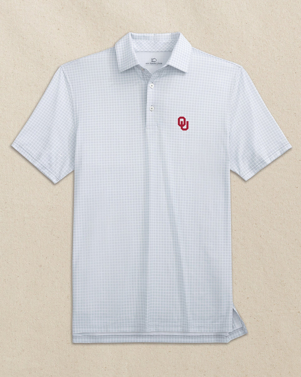 The front view of the Southern Tide Oklahoma Sooners Driver Dunes Edge Plaid Polo by Southern Tide - Slate Grey