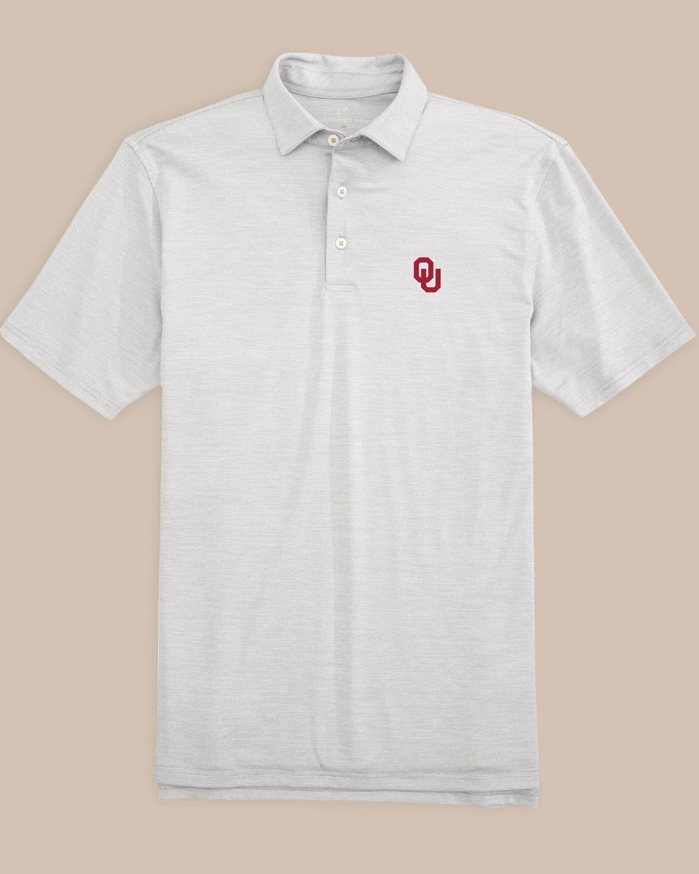 The front view of the Oklahoma Sooners Driver Spacedye Polo Shirt by Southern Tide - Slate Grey