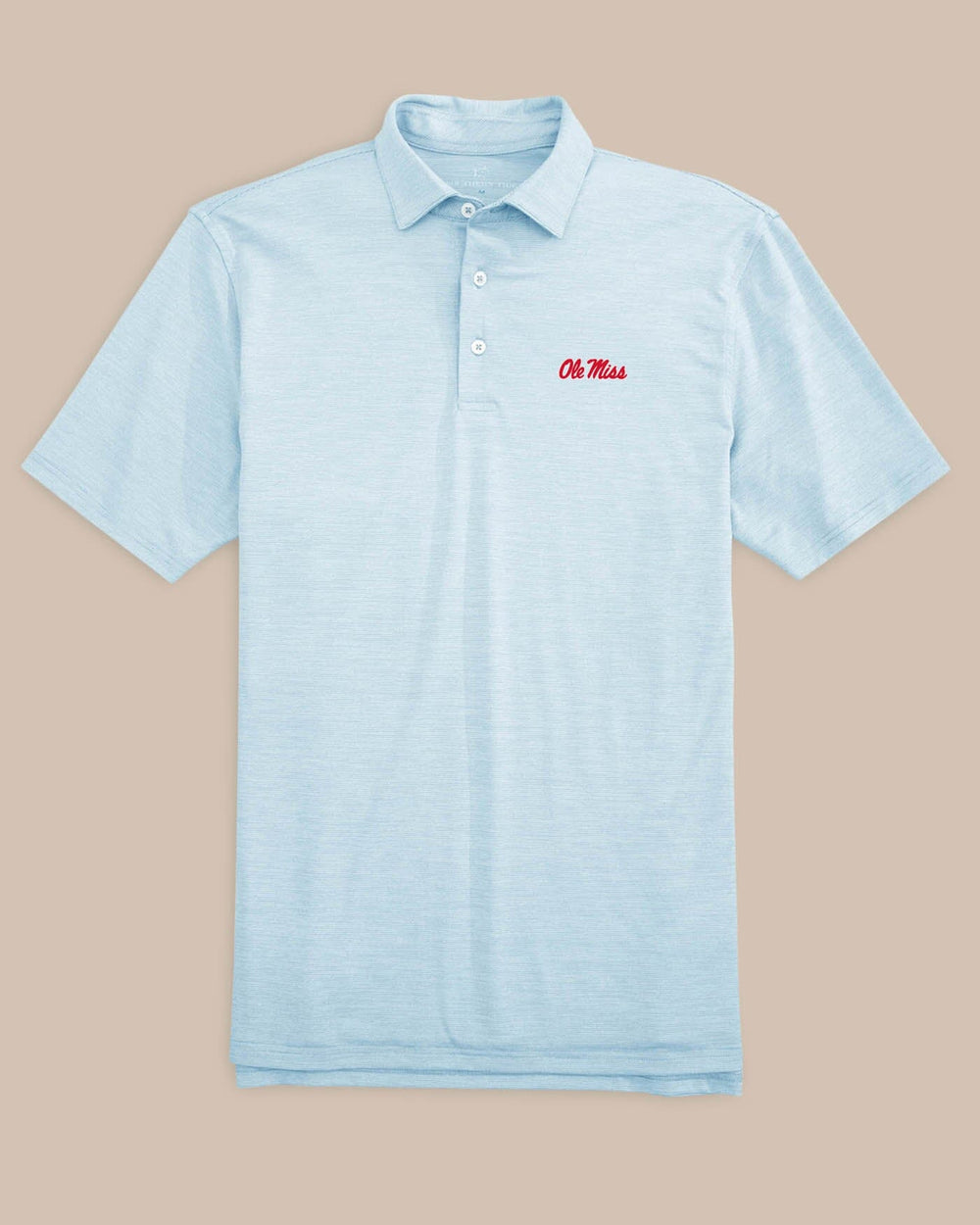 The front view of the Ole Miss Driver Spacedye Polo Shirt by Southern Tide - Rush Blue