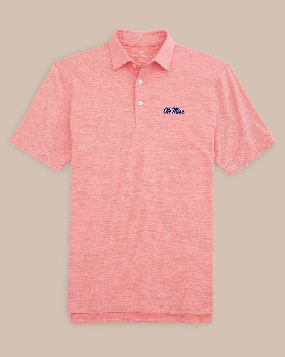 The front view of the Ole Miss Driver Spacedye Polo Shirt by Southern Tide - Varsity Red