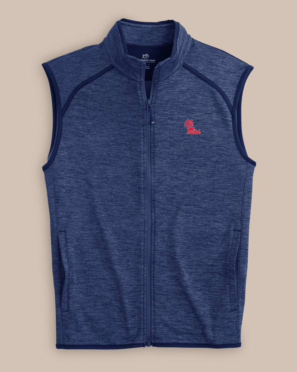 The front view of the Southern Tide Ole Miss Rebels Baybrook Heather Vest by Southern Tide - Heather Navy