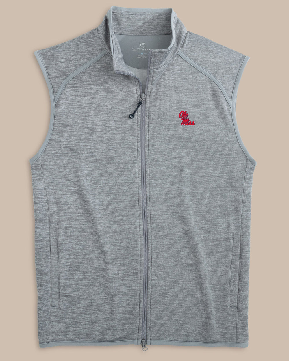 The front view of the Southern Tide Ole Miss Rebels Baybrook Heather Vest by Southern Tide - Heather Ultimate Grey