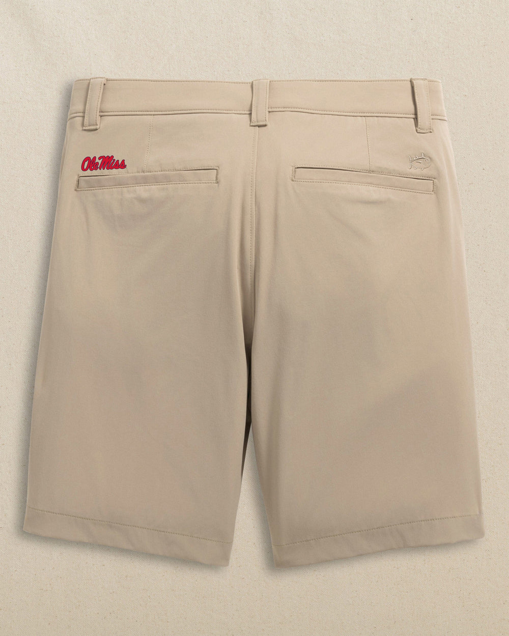 The back view of the Southern Tide Ole Miss Rebels Birdie 8" Coastal Breeze® Performance Short by Southern Tide - Sandstone Khaki