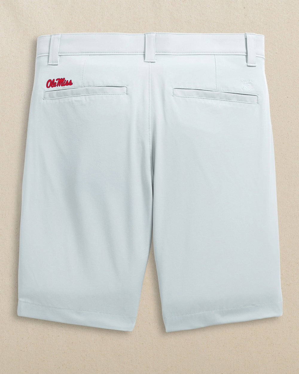 The back view of the Southern Tide Ole Miss Rebels Birdie 8" Coastal Breeze® Performance Short by Southern Tide - Seagull Grey