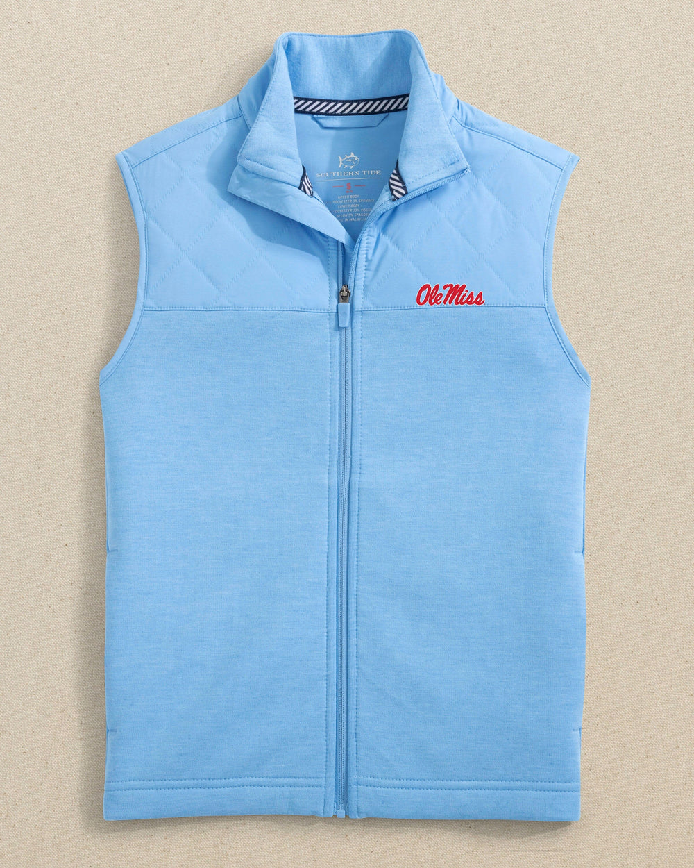 The front view of the Southern Tide Ole Miss Rebels Boys Waterfront Quilted Vest by Southern Tide - Ocean Channel