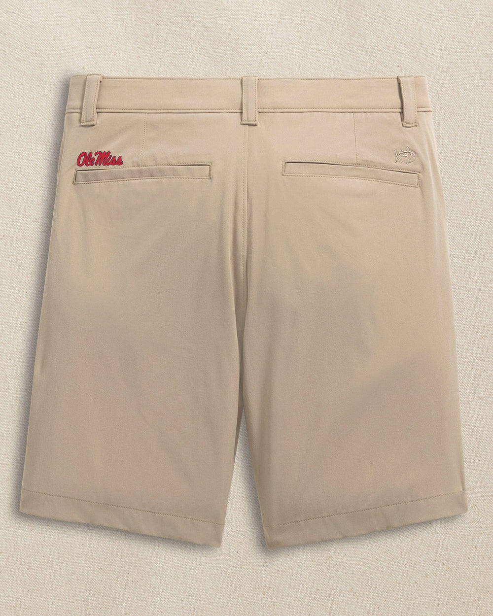 The back view of the Southern Tide Ole Miss Rebels brrr°®-die 8" Performance Short by Southern Tide - Sandstone Khaki