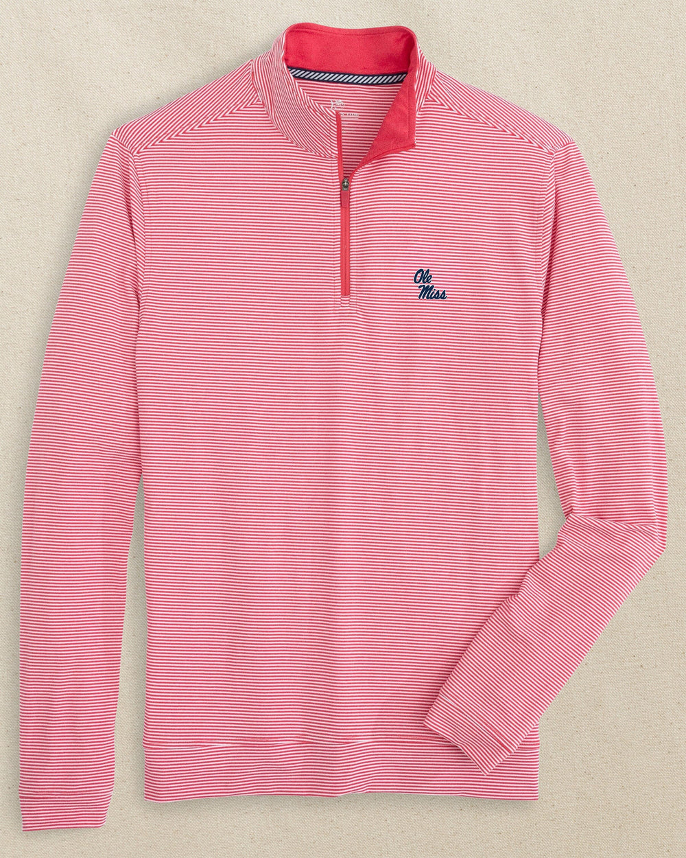 The front view of the Ole Miss Rebels Cruiser Micro-Stripe Heather Quarter Zip by Southern Tide - Heather Varsity Red
