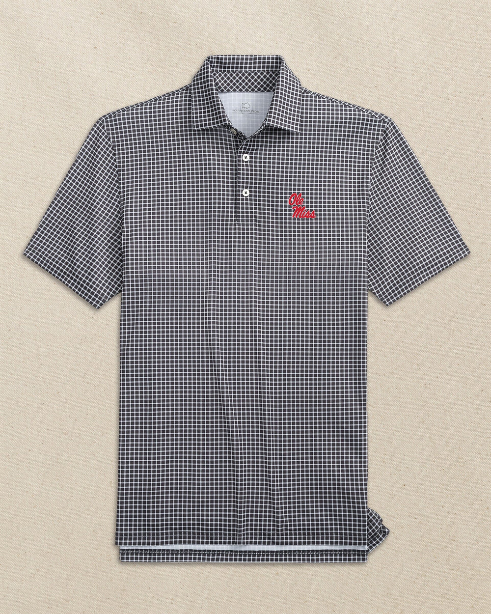 The front view of the Southern Tide Ole Miss Rebels Driver Dunes Edge Plaid Polo by Southern Tide - Black