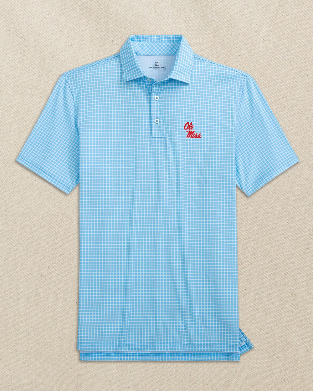 The front view of the Southern Tide Ole Miss Rebels Driver Dunes Edge Plaid Polo by Southern Tide - Rush Blue