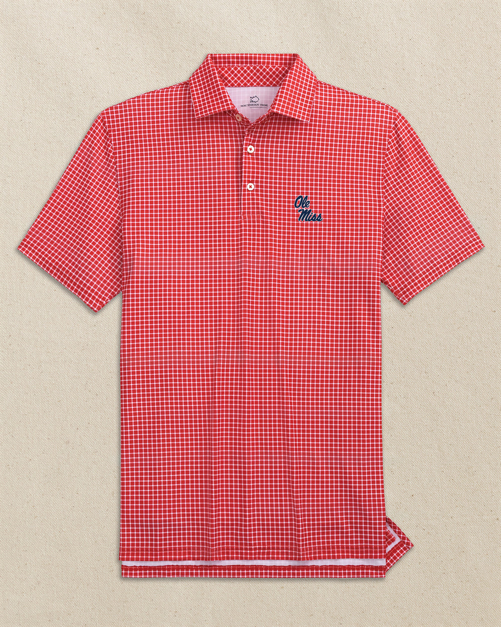 The front view of the Southern Tide Ole Miss Rebels Driver Dunes Edge Plaid Polo by Southern Tide - Varsity Red