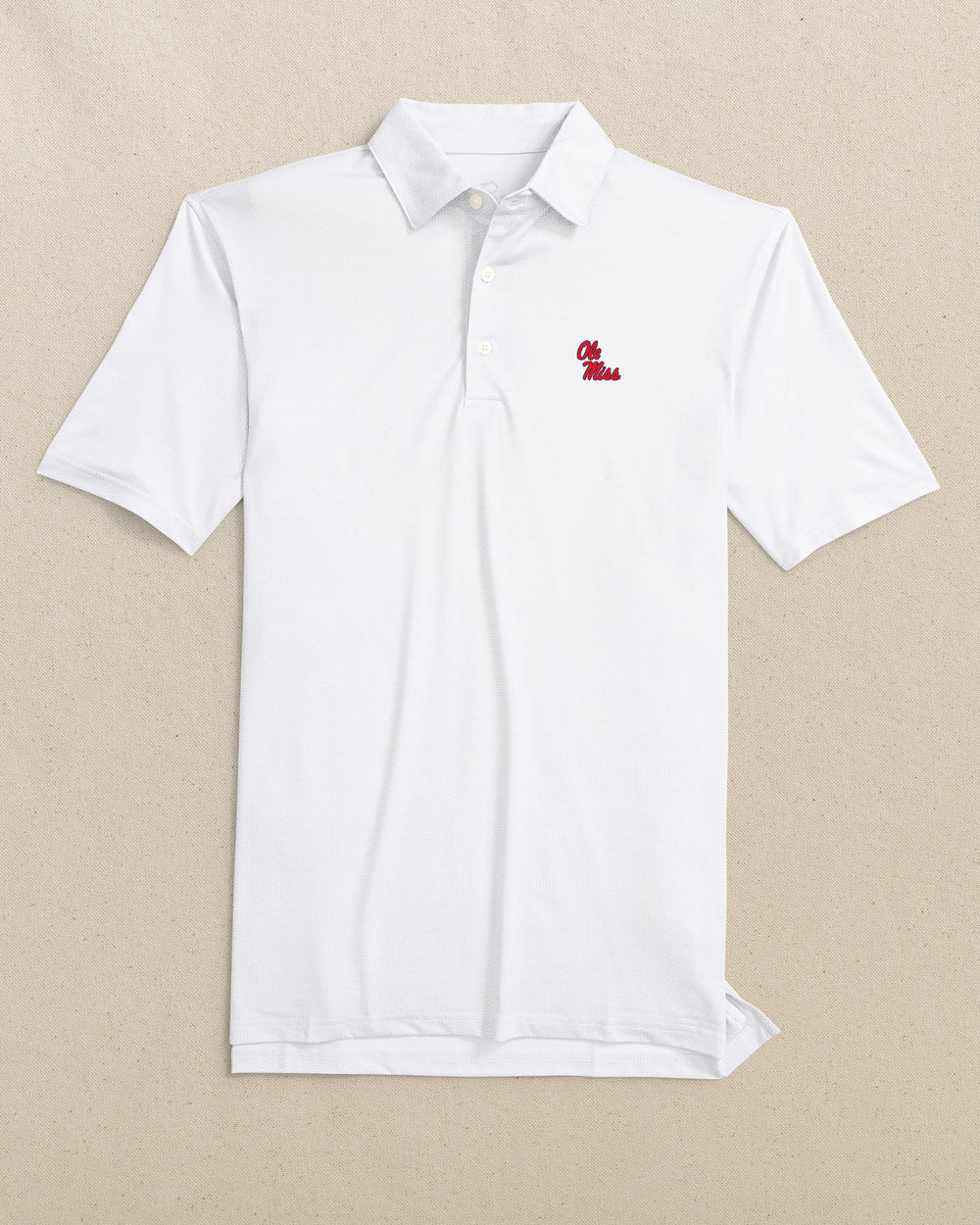 The front view of the Southern Tide Ole Miss Rebels Driver ST Geo Printed Polo by Southern Tide - Classic White