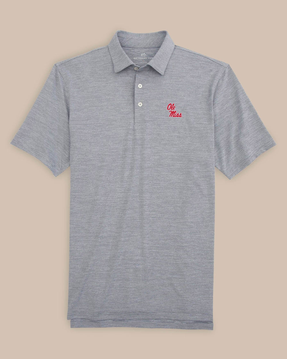 The front view of the Southern Tide Ole Miss Stacked Driver Spacedye Polo Shirt by Southern Tide - Navy