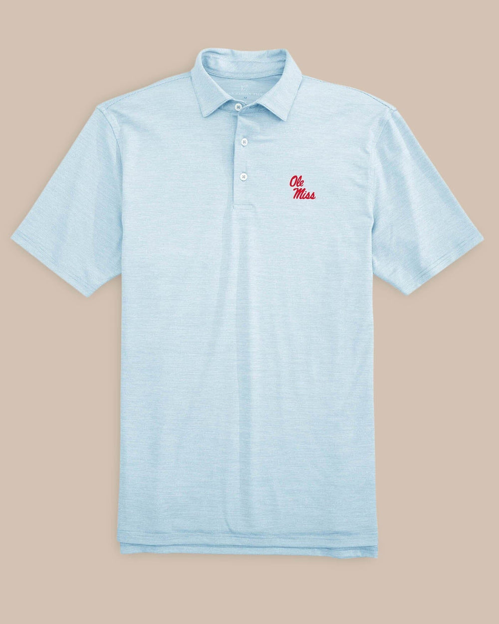 The front view of the Southern Tide Ole Miss Stacked Driver Spacedye Polo Shirt by Southern Tide - Rush Blue