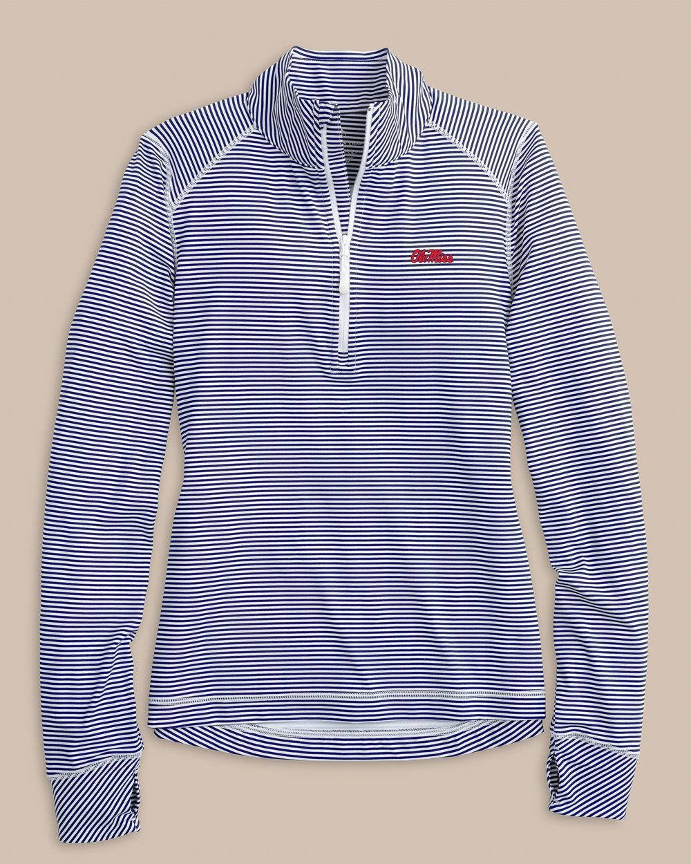 The front view of the Southern Tide Ole Miss Women's Striped Runaround Quarter Zip by Southern Tide - Nautical Navy