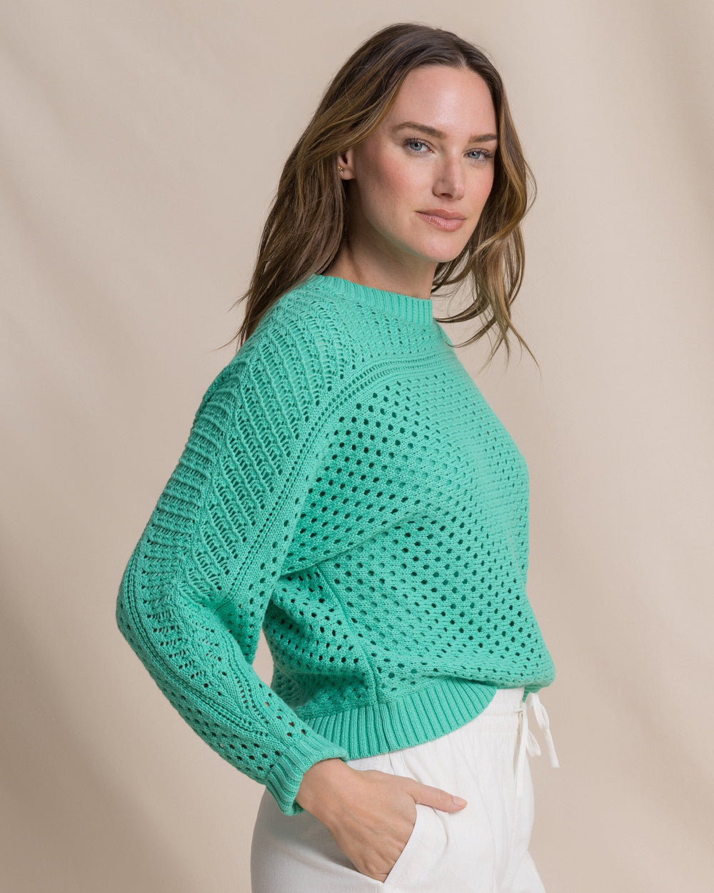 The side view of the Southern Tide Ophelia Open Stitch Sweater by Southern Tide - Florida Keys
