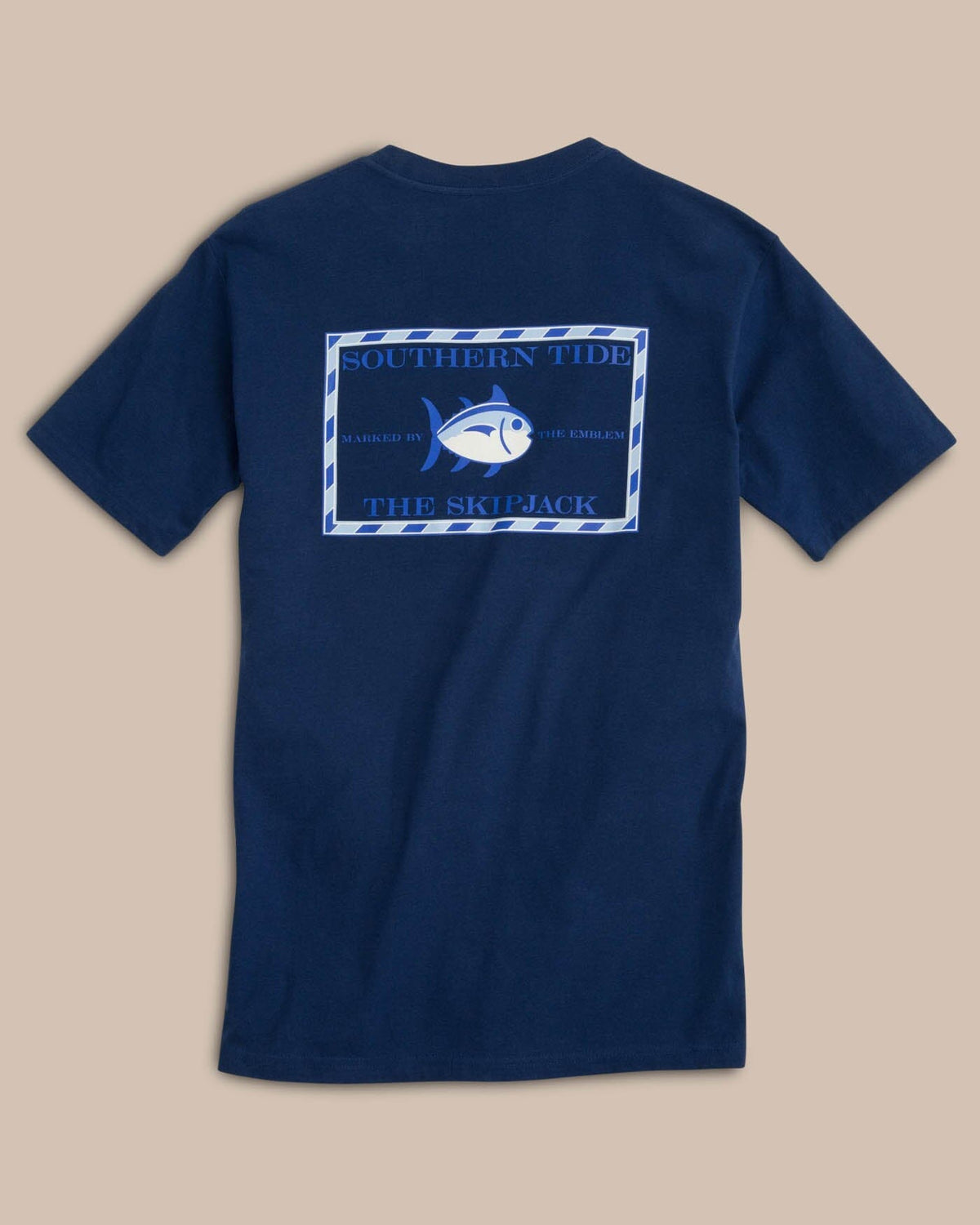 The back view of the Men's Navy Original Skipjack Short Sleeve T-Shirt by Southern Tide - Yacht Blue