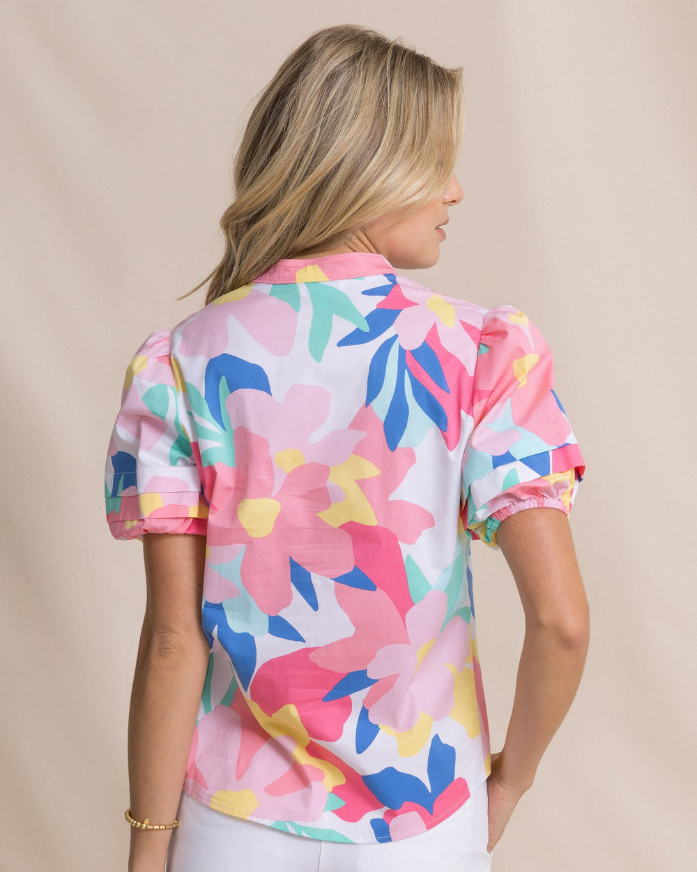 The back view of the Southern Tide Payge Floral Print Poplin Top by Southern Tide - Classic White