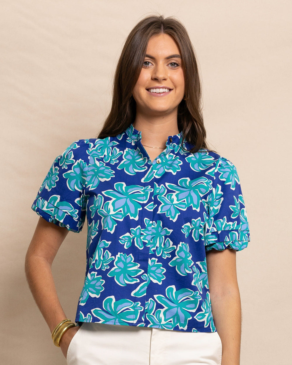 The front view of the Southern Tide Payge Poplin Top by Southern Tide - Surf Blue