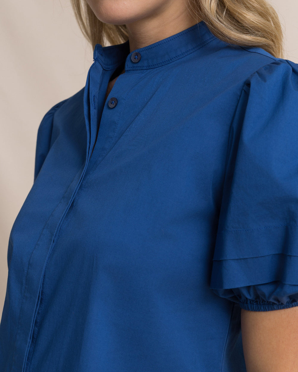 The detail view of the Southern Tide Payge Solid Poplin Top by Southern Tide - Nautical Blue