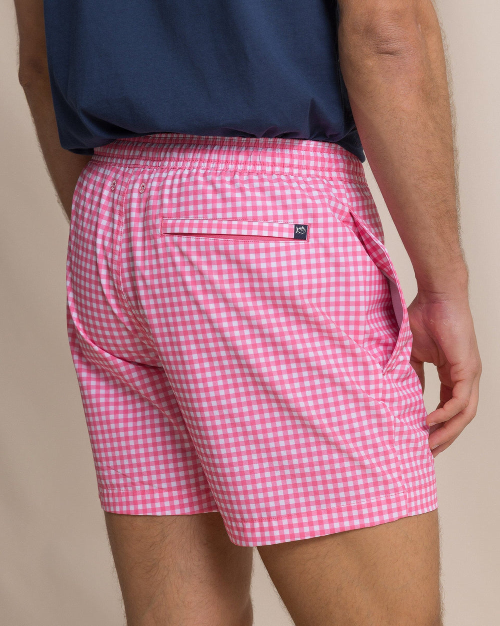The detail view of the Southern Tide Pelican Bay Gingham Maritime Swim Trunk by Southern Tide - Island Pink