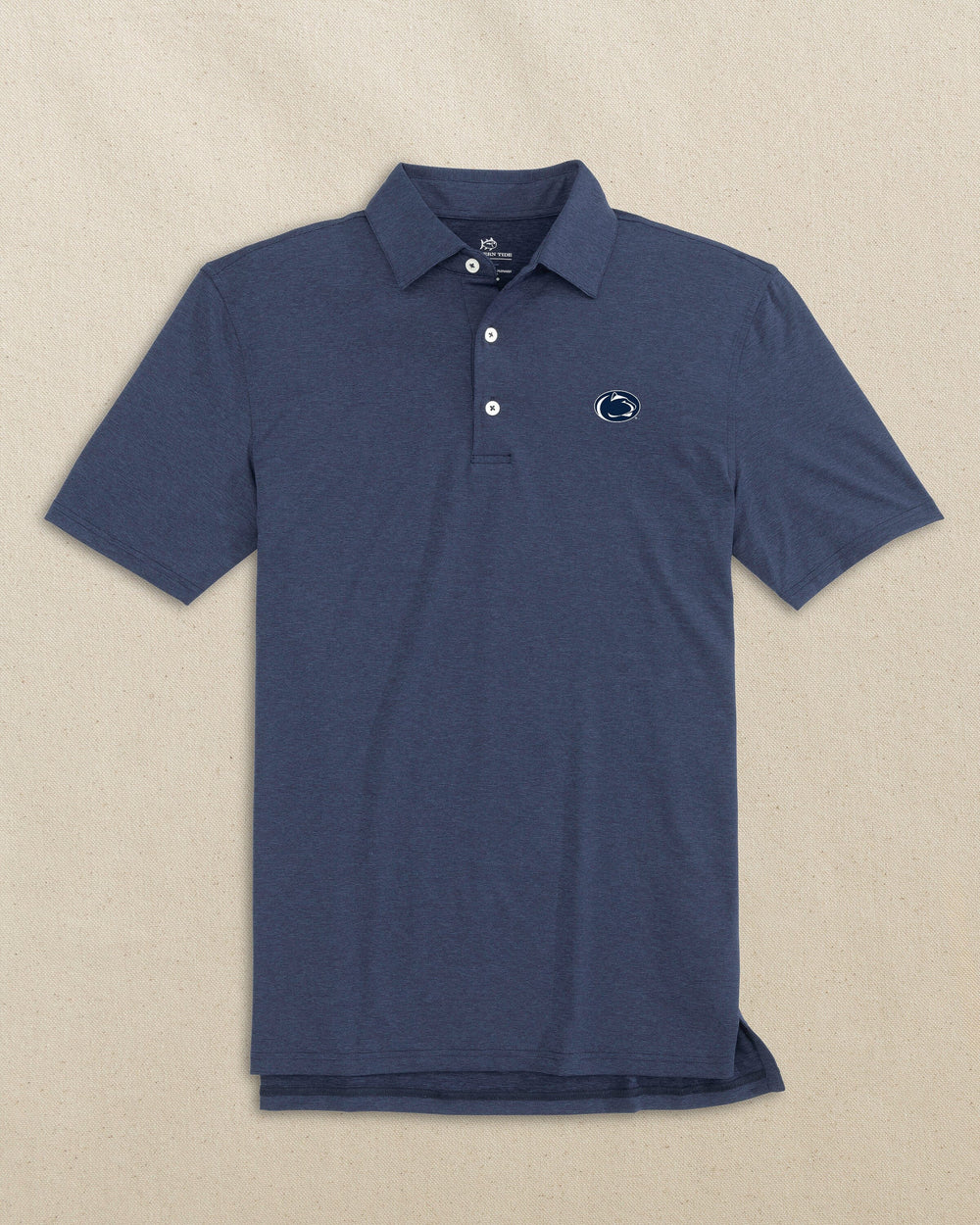 The front view of the Southern Tide Penn State Nittany Lions brrr°®-eeze Heather Polo by Southern Tide - Heather Nautical Navy