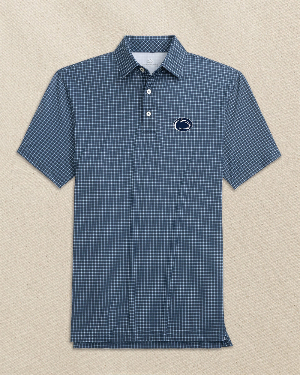The front view of the Southern Tide Penn State Nittany Lions Driver Dunes Edge Plaid Polo by Southern Tide - Navy