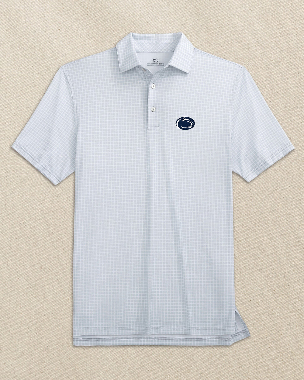 The front view of the Southern Tide Penn State Nittany Lions Driver Dunes Edge Plaid Polo by Southern Tide - Slate Grey
