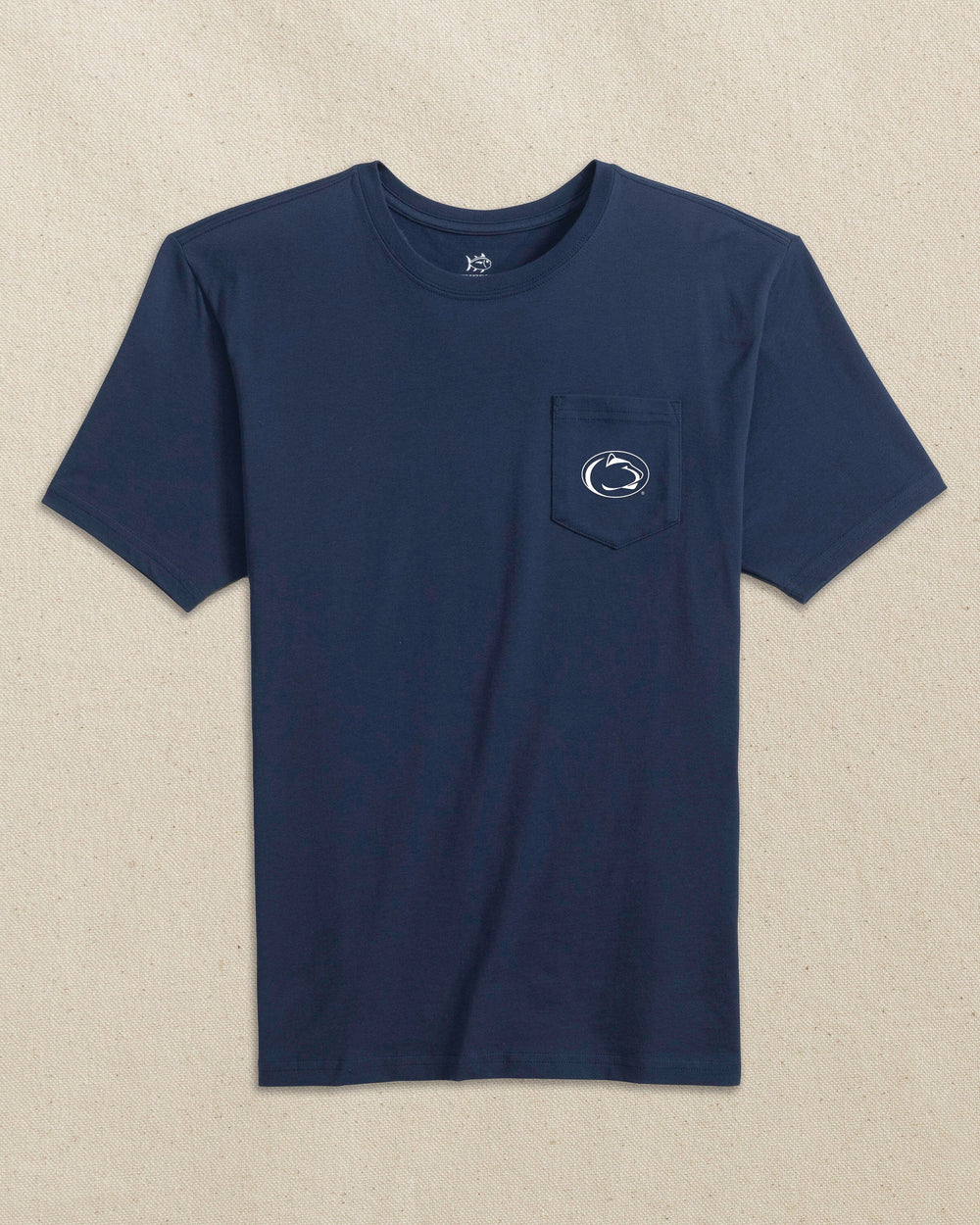 The front view of the Southern Tide Penn State Nittany Lions Skipjack Play Short Sleeve T-Shirt by Southern Tide - Navy and White