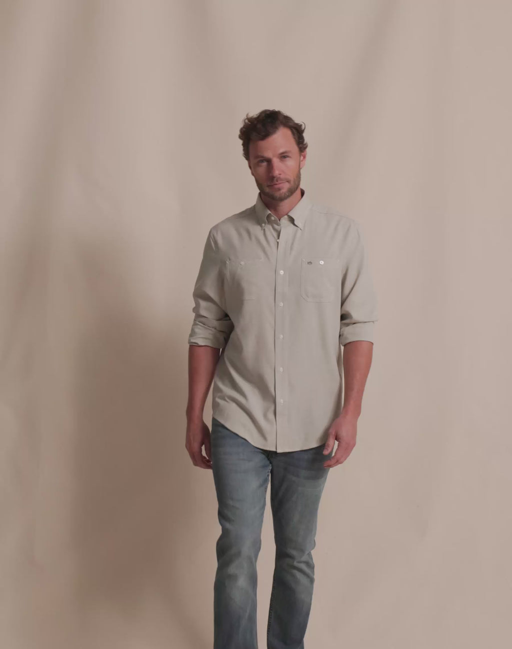 The runway view of the Southern Tide Dock Shirt by Southern Tide - Sandstone Khaki
