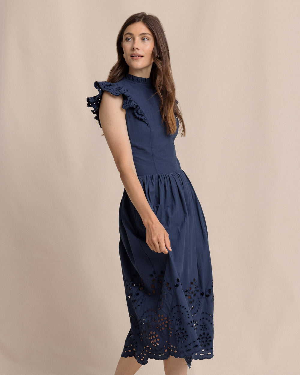 The side view of the Southern Tide Rebekah Eyelet Midi Dress by Southern Tide - Dress Blue