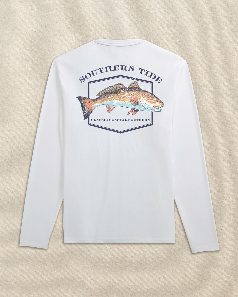 The back view of the Southern Tide Redfish Badge Long Sleeve T-Shirt by Southern Tide - Classic White
