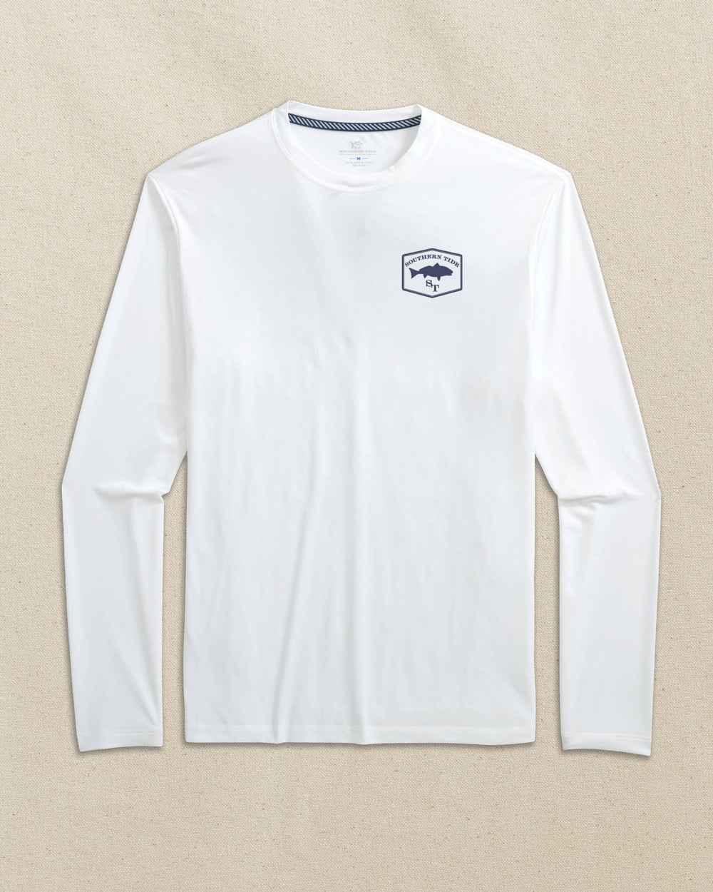The front view of the Southern Tide Redfish Badge Long Sleeve T-Shirt by Southern Tide - Classic White