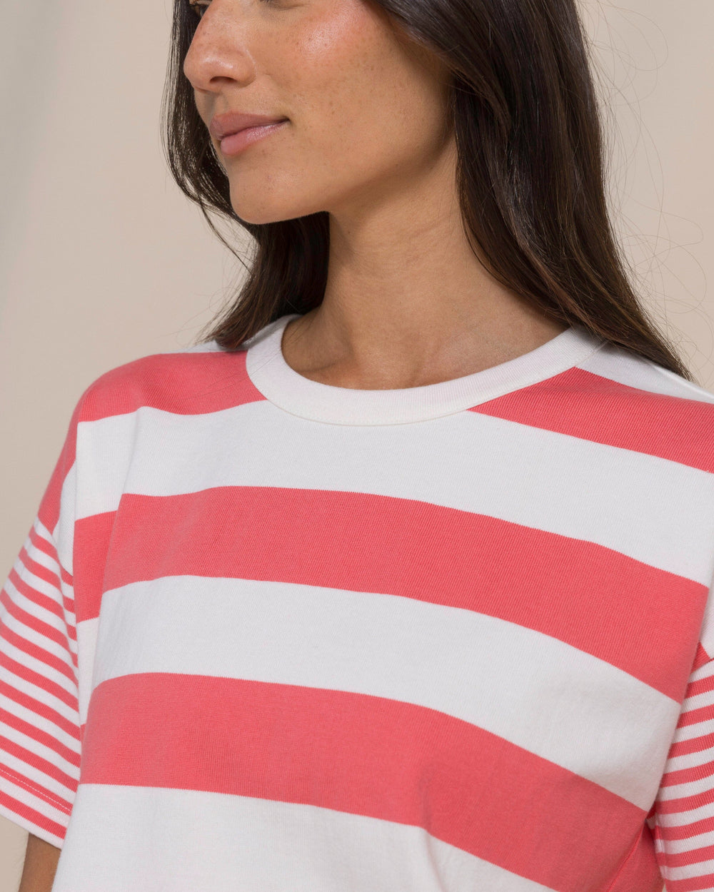 The detail view of the Southern Tide Remi Mixed Stripe Boxy Tee by Southern Tide - Coral Beach