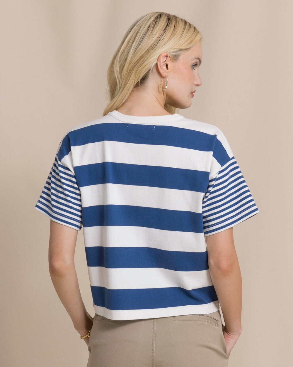 The back view of the Southern Tide Remi Mixed Stripe Boxy Tee by Southern Tide - Nautical Blue