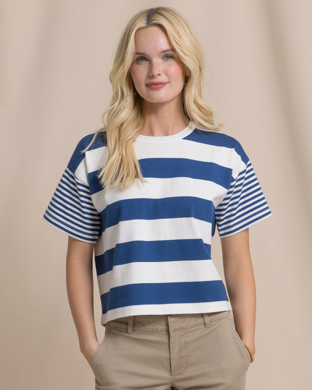 The front view of the Southern Tide Remi Mixed Stripe Boxy Tee by Southern Tide - Nautical Blue