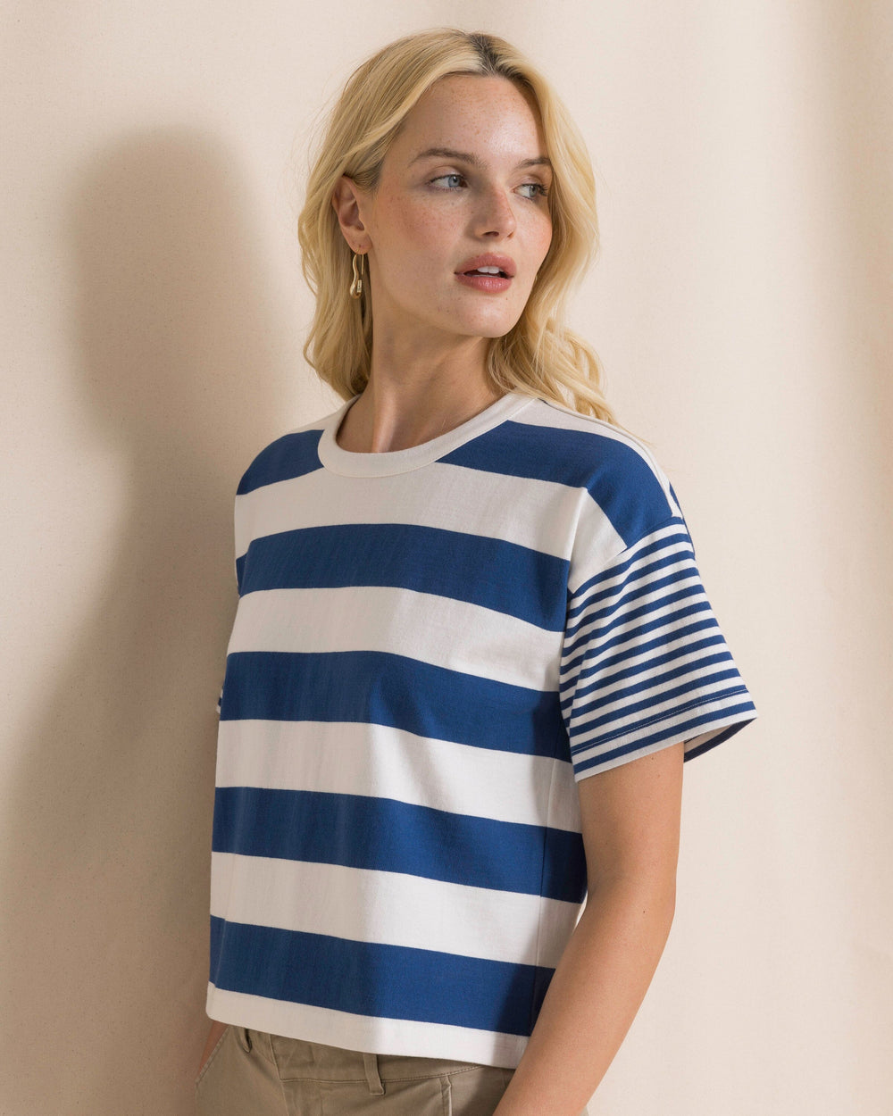 The side detail view of the Southern Tide Remi Mixed Stripe Boxy Tee by Southern Tide - Nautical Blue