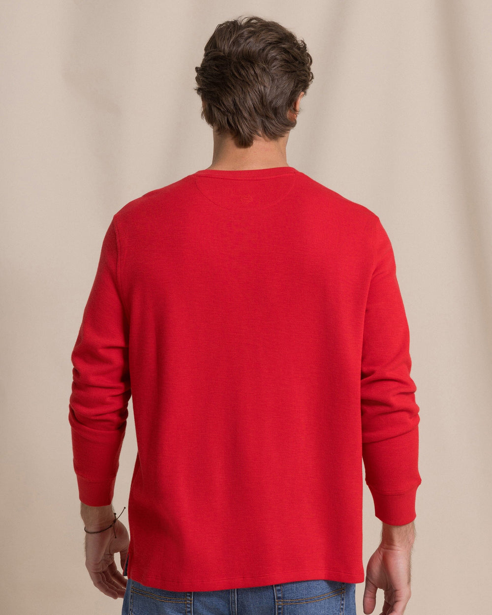 The back view of the Southern Tide Rib Knit Henley by Southern Tide - Salsa Red