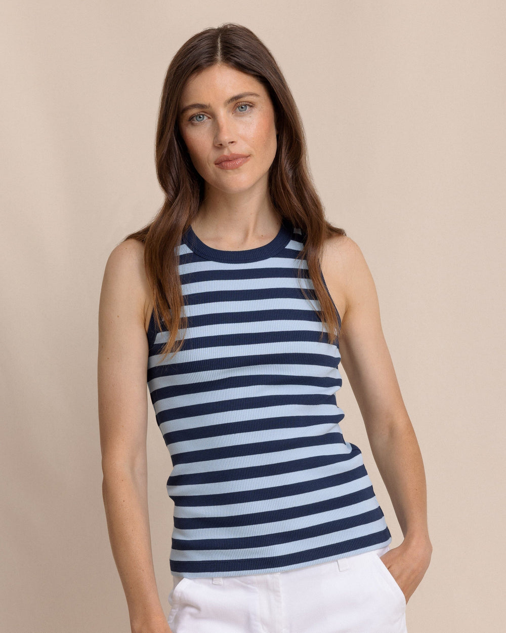 The front view of the Southern Tide Ryan Striped Rib Tank by Southern Tide - Cerulean
