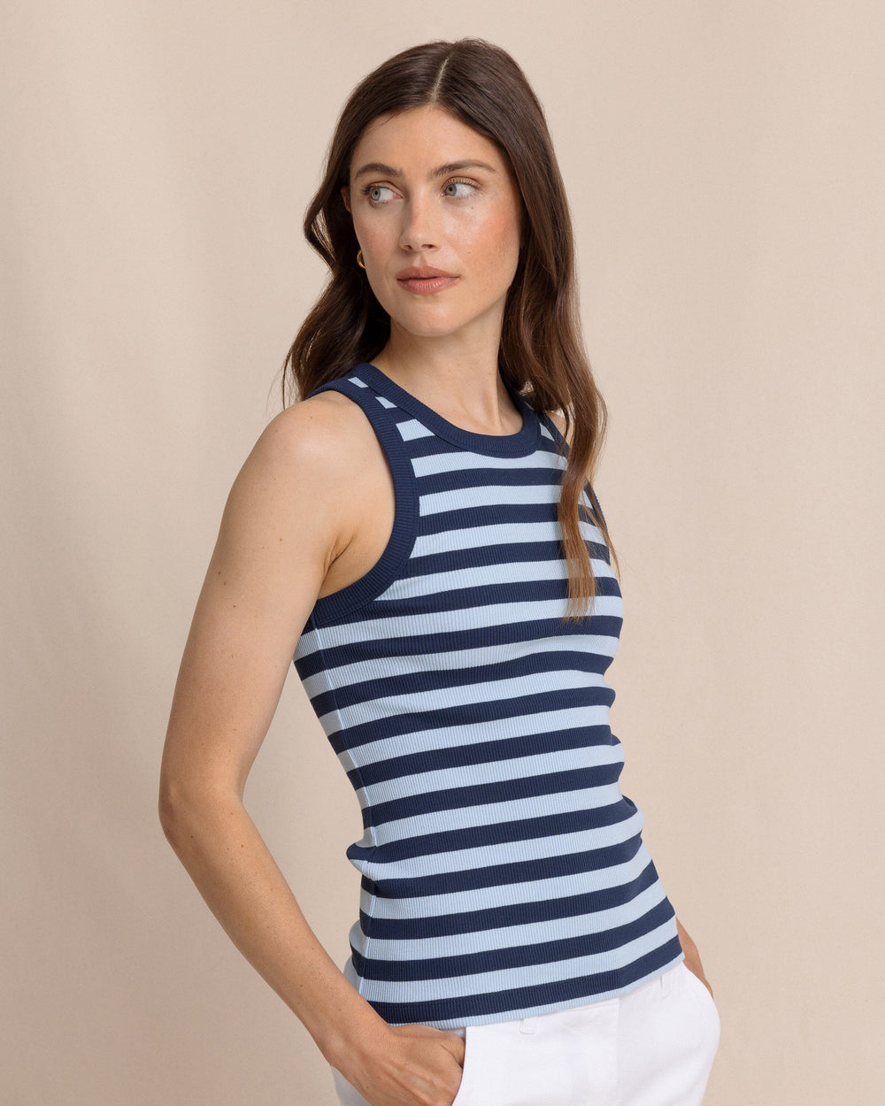 The side view of the Southern Tide Ryan Striped Rib Tank by Southern Tide - Cerulean