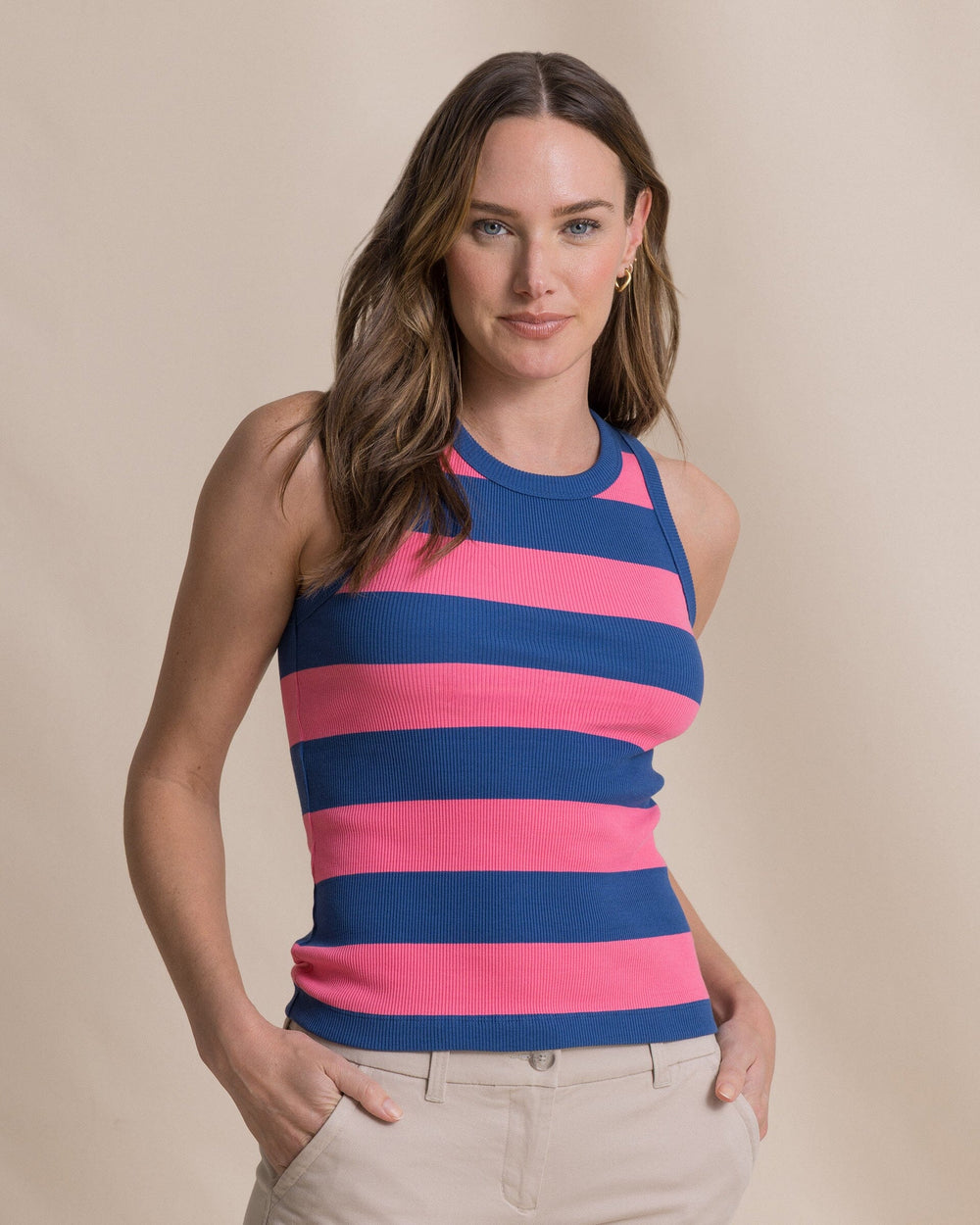 The front view of the Southern Tide Ryan Striped Rib Tank by Southern Tide - Nautical Blue