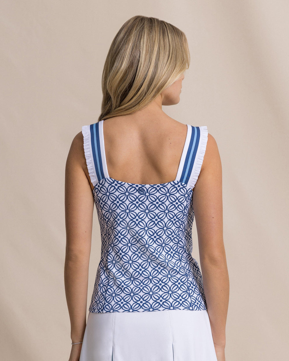The back view of the Southern Tide Rylee Printed Active Top by Southern Tide - Nautical Blue