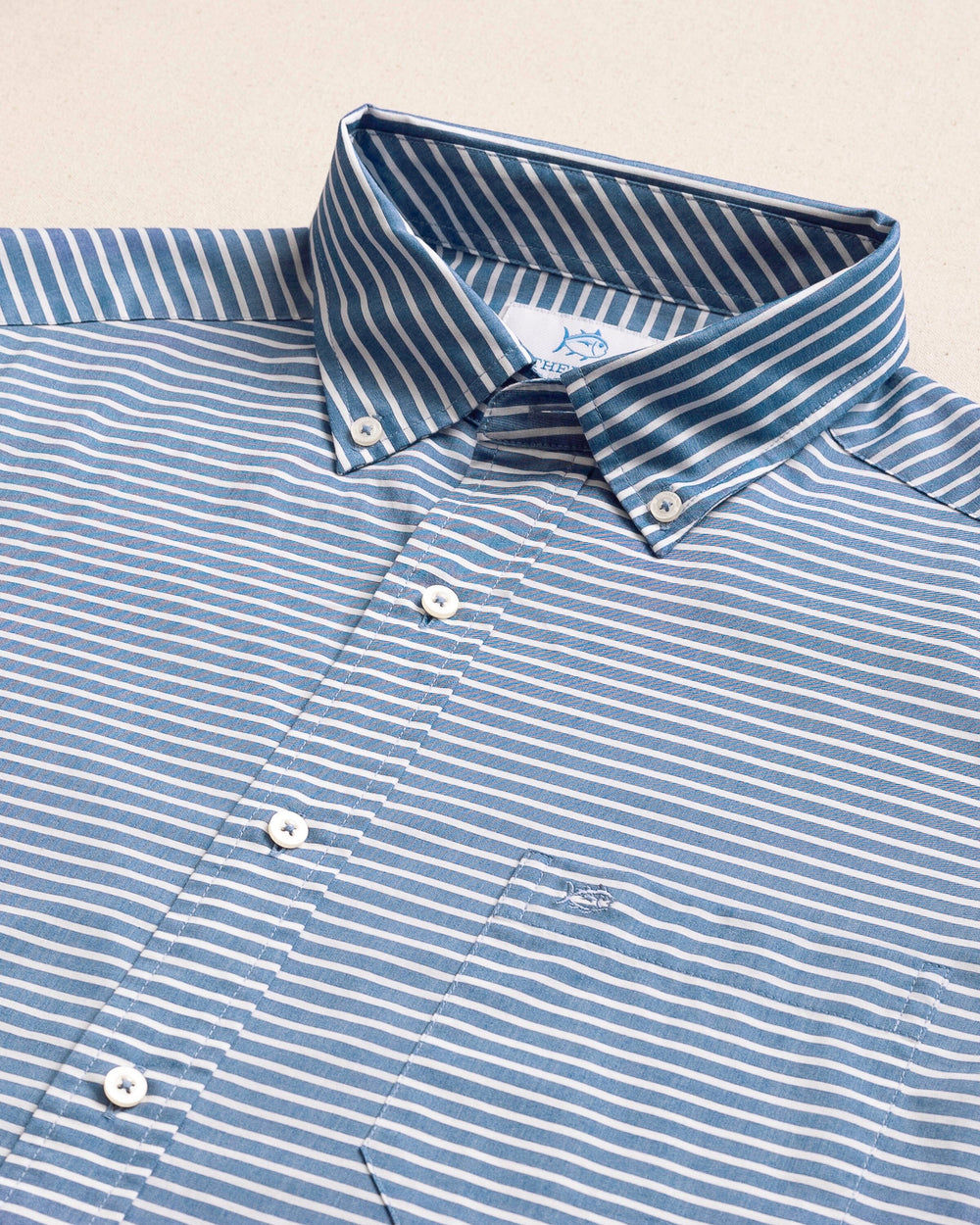 The detail view of the Southern Tide Salt Tide Stripe Sport Shirt by Southern Tide - Navy