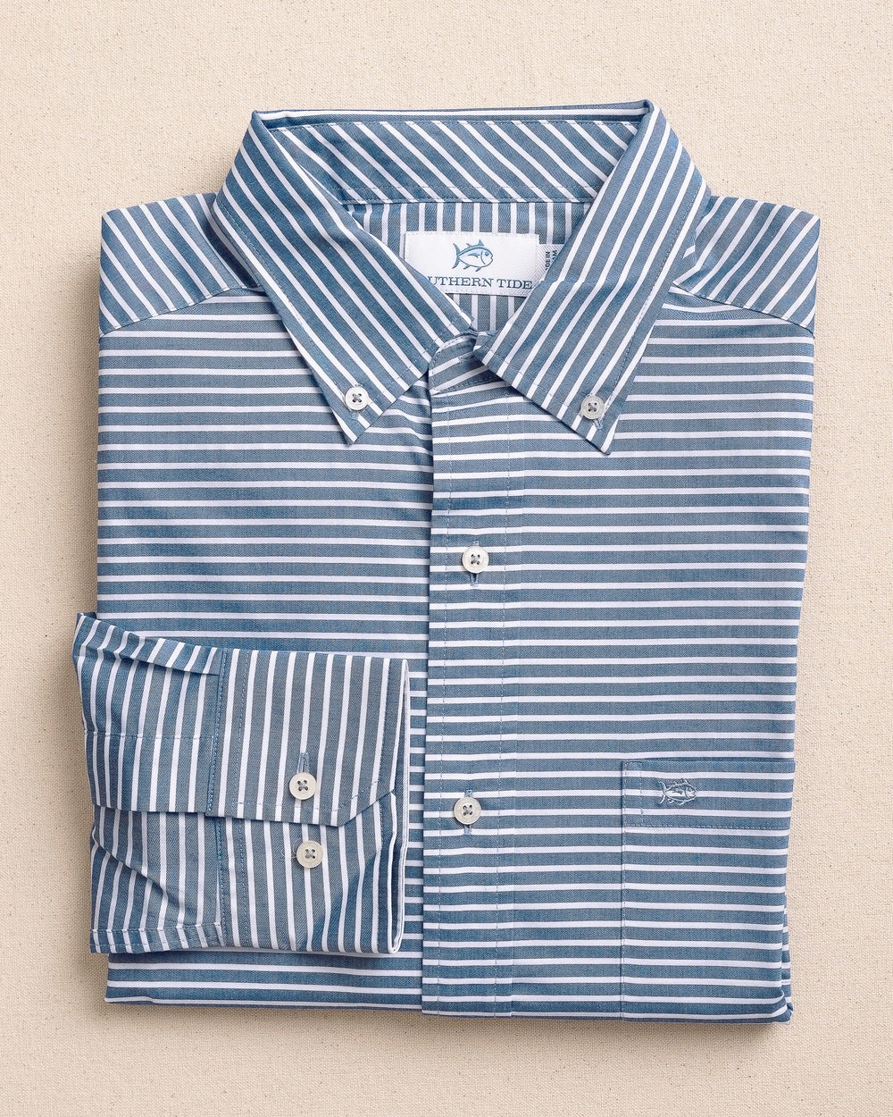 The front view of the Southern Tide Salt Tide Stripe Sport Shirt by Southern Tide - Navy