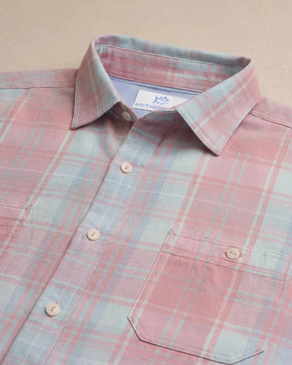 The detail view of the Southern Tide Salter Path Plaid Double Cloth Sport Shirt by Southern Tide - Pale Rosette